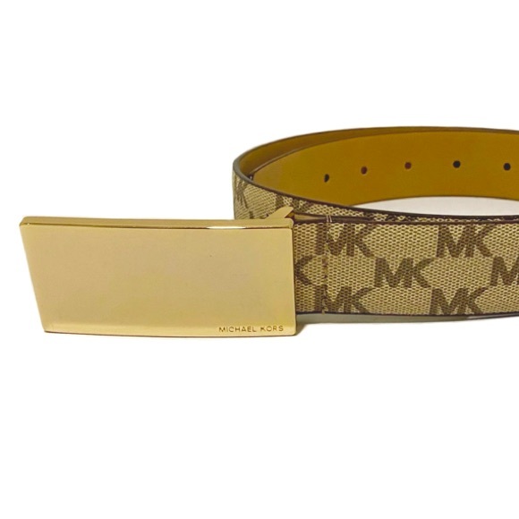 MICHAEL KORS Tan Brown Gold Luggage MK Logo Belt NWT